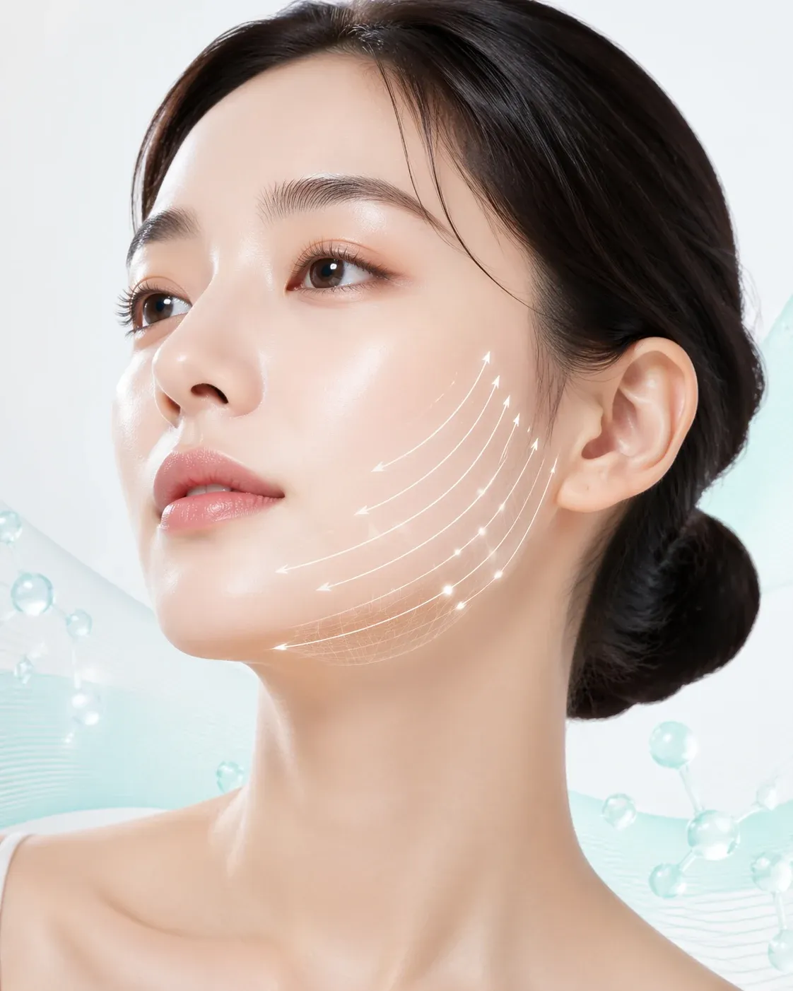 브이로 리프팅 턱선 리프팅 효과를 표현한 얼굴 클로즈업