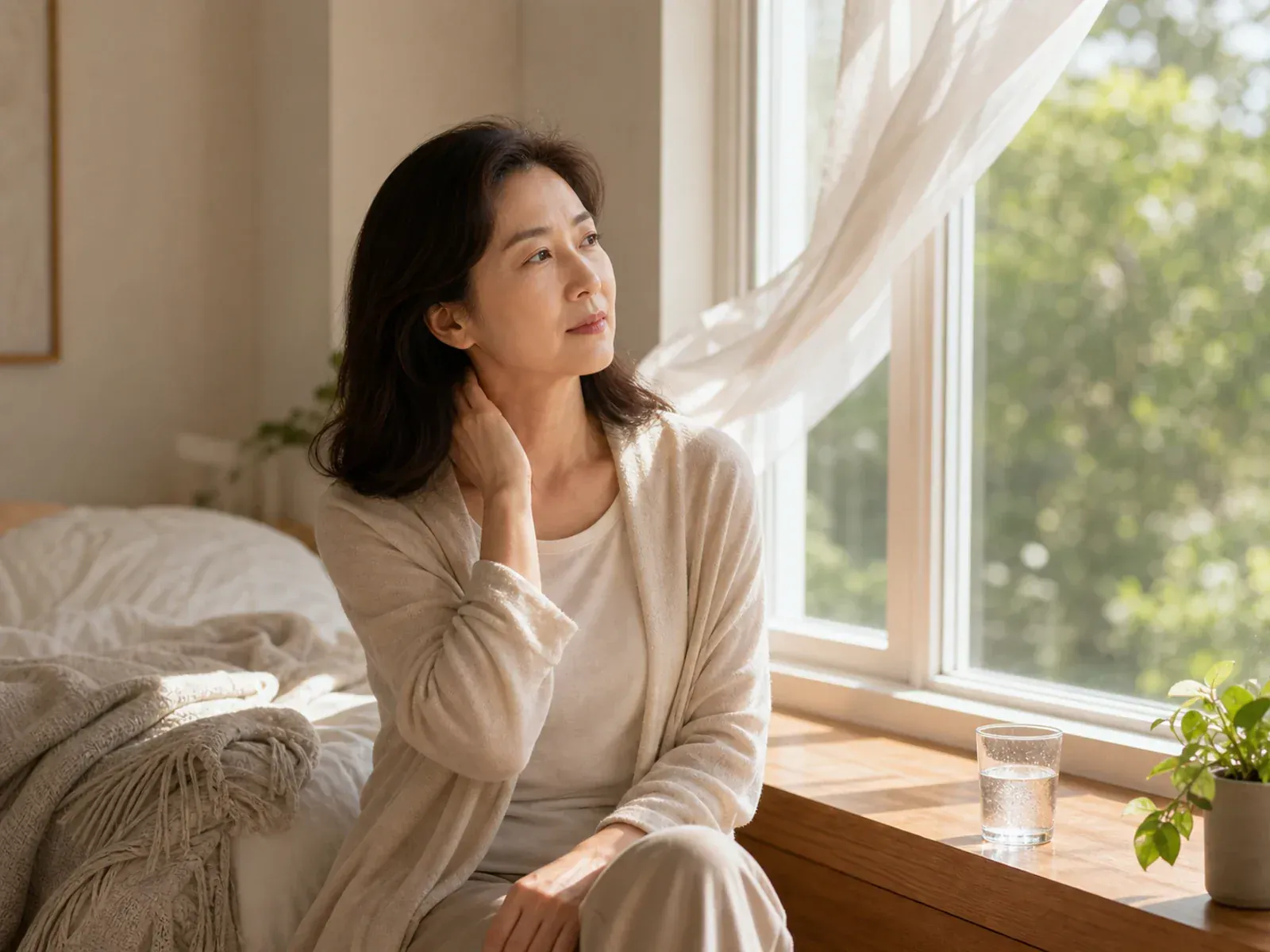 형인재 한의원 갱년기증후군 안면홍조 열감 수면 변화를 상징하는 여성 휴식 장면