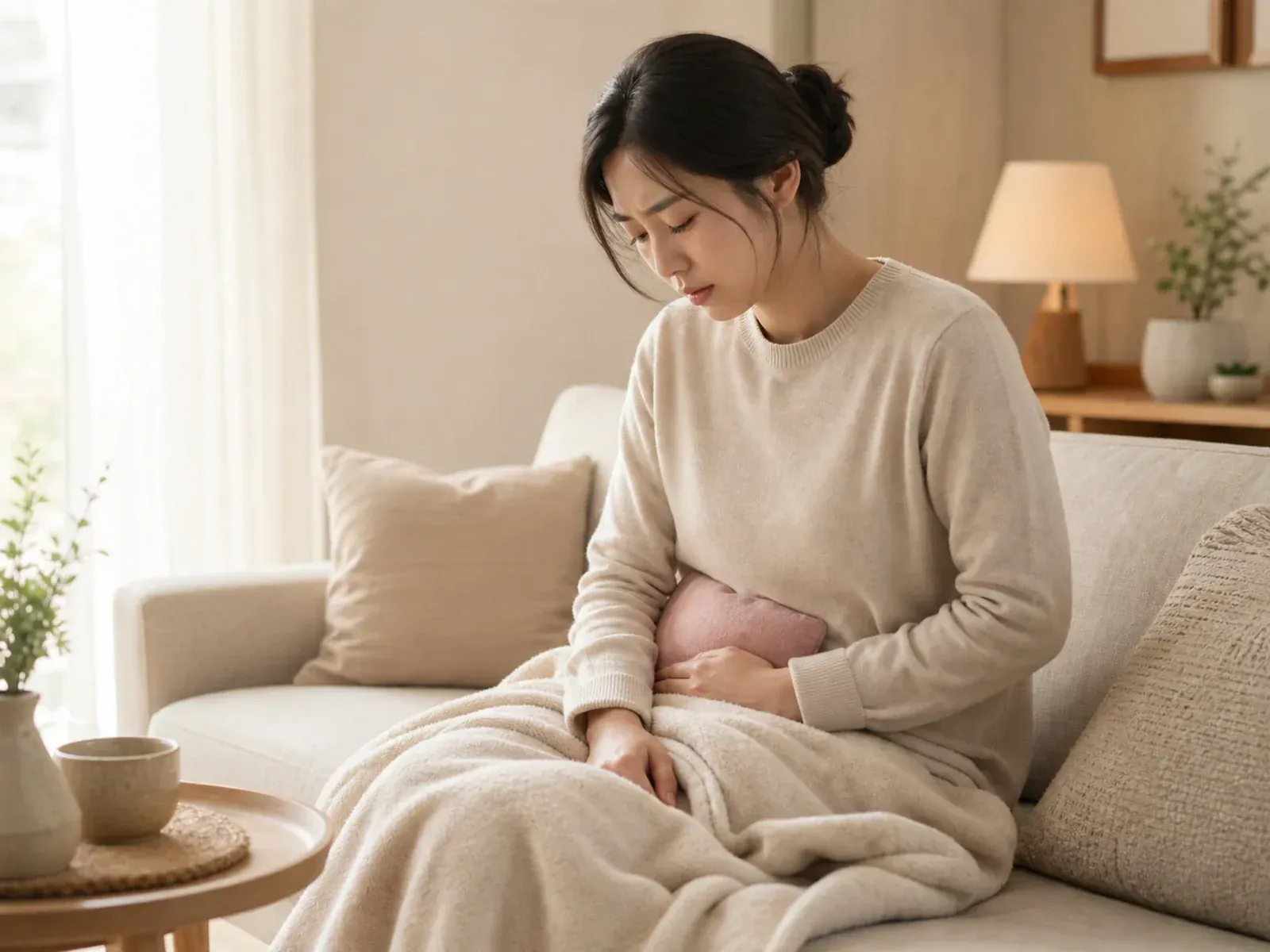 형인재 한의원 조기폐경 생리 주기 변화와 하복부 컨디션 관리를 상징하는 여성 휴식 장면